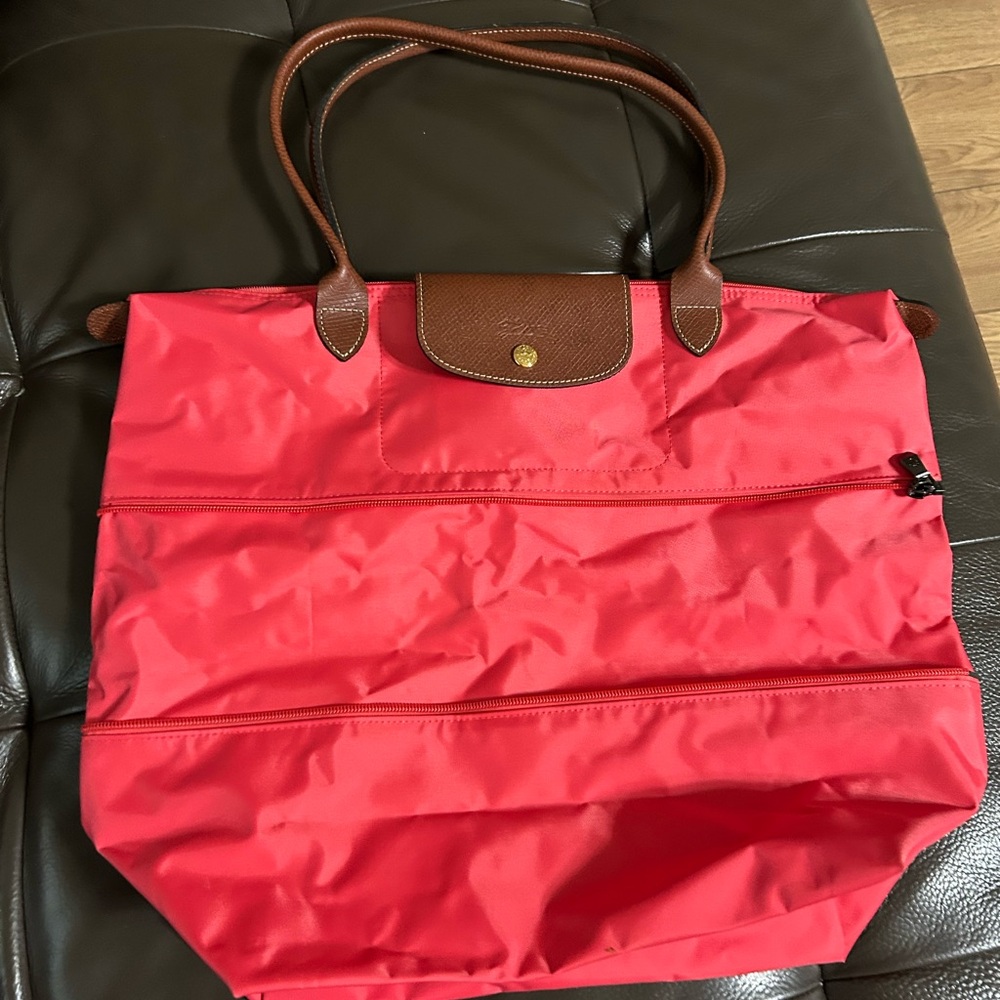 Longchamp Red Nylon Tote with Brown Leather Trim and Handles